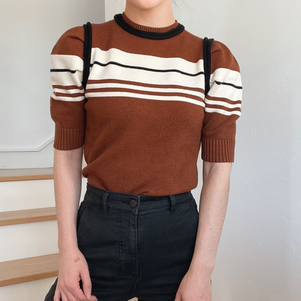 En Saison Brown Earthy Striped Puff Sleeve Black Neutral knit Sweater Size XS